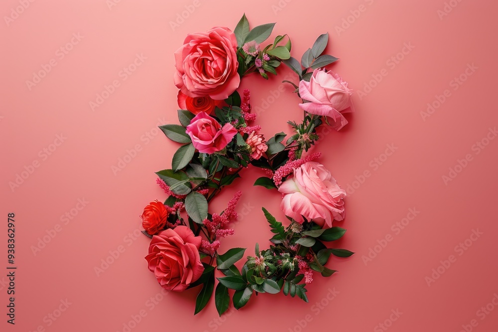 Poster a unique flower design forming the shape of the number 8 on a bright pink background