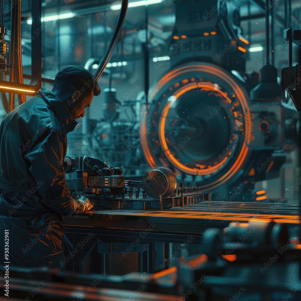 Poster A person works on a machine in a busy factory setting