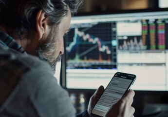 Stock trader using a mobile phone with a trading app, displaying charts and graphs on a computer screen in the office background. The man is watching an animated candlestick chart for market trends