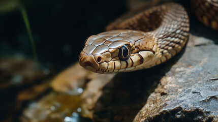 Obraz premium close up shot of the head and neck from above, focusing on the snake's slithering body with dark brown skin and black eyes, set against an isolated background