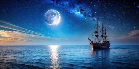 Night on the ocean moon and ship Wide-Angle, night, moon, ocean, serenity, night sky, stars, scenic, ship, calm, seascape, exploration, wide-angle, peaceful, beauty, moonlight, marine