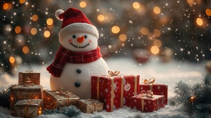 Obraz premium whimsical snowman surrounded by festively wrapped gifts in snowy wonderland twinkling lights and evergreen boughs create magical christmas scene