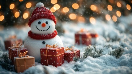 whimsical snowman surrounded by festively wrapped gifts in snowy wonderland twinkling lights and evergreen boughs create magical christmas scene