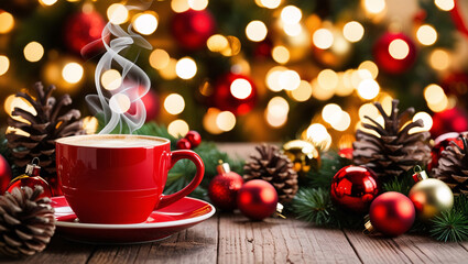 Holiday Warmth with a Red Coffee Cup Surrounded by Festive Cheer, Winter hot tchokolate in a christmas cup, Winter whipped cream hot coffee in a red mug