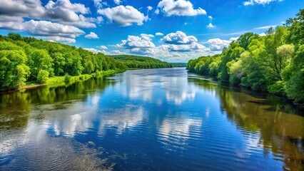 Connecticut River flowing just north of Hartford on a sunny June day captured using a forced perspective technique, tranquility, scenic, river flow, landscape, shore, June, outdoors