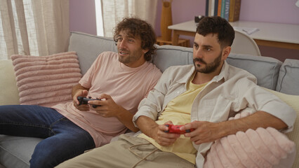 Men relaxing in a living room playing video games together with game controllers, bonding as friends or brothers in a casual indoor family apartment setting