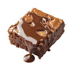 Brownie piece with melted chocolate cream isolated on transparent background