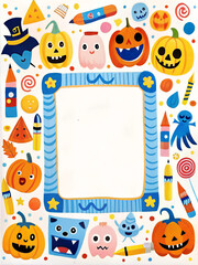 Fototapeta premium Whimsical Halloween characters frame with copy space on white background