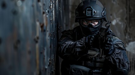 Fototapeta premium Close-up of a SWAT officer in black gear aiming a gun.