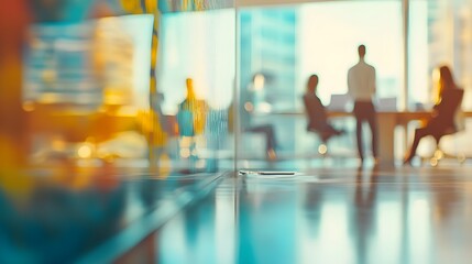 A modern office setting with blurred figures engaged in a discussion, emphasizing a professional atmosphere and collaboration. 