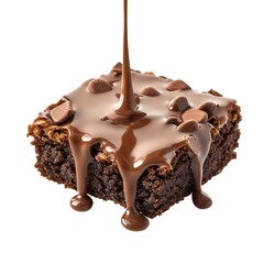 Obraz premium Chocolate flowing on brownie isolated on transparent background