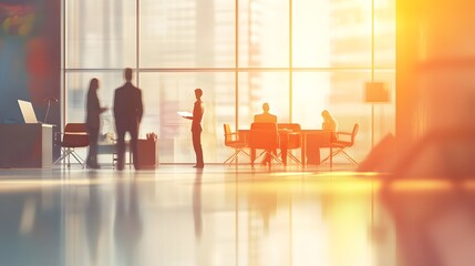 A modern office interior bathed in warm sunlight, featuring silhouettes of professionals engaged in collaborative discussions. 