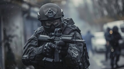 A SWAT officer in full gear with a rifle, holding a weapon, aims down the street during a rainy day.