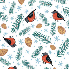 classic non-directional winter christmas pattern of bullfinches, cone, pine and snowflakes