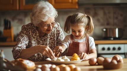 A heartwarming scene of a grandmother and her granddaughter joyfully preparing food together in a cozy kitchen. 