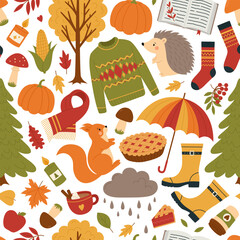 Seamless pattern with autumn elements. Colorful background with leaves, mushrooms, trees, pumpkin, sweater, rubber boots, animals and other stickers. Fall season vector print