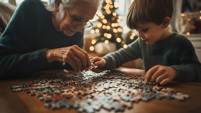 A heartwarming scene of a grandmother and her young grandson joyfully assembling a jigsaw puzzle together during the holiday season. 