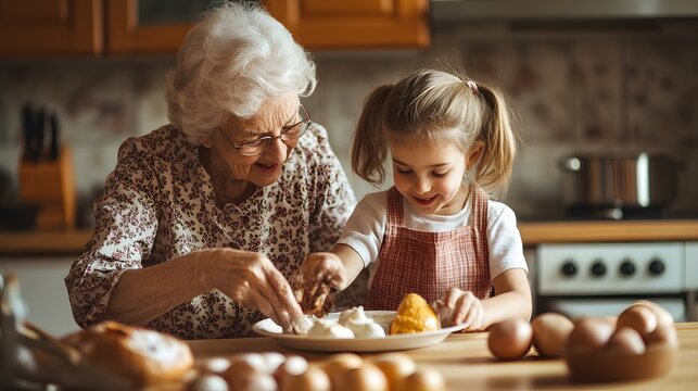A heartwarming scene of a grandmother and her granddaughter joyfully preparing food together in a cozy kitchen. 