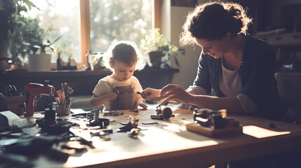 A mother and her young child engage in a crafting activity at a sunlit table, surrounded by various tools and materials, creating a warm and playful atmosphere. 