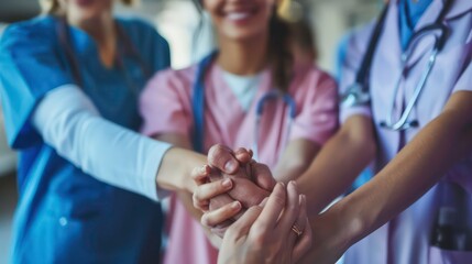 Closeup of doctors hands in a huddle, a symbol of teamwork and support in the medical profession.