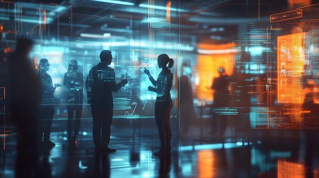A futuristic business meeting scene showcasing diverse professionals engaged in conversation amidst digital data visuals and holographic displays in a modern office environment.