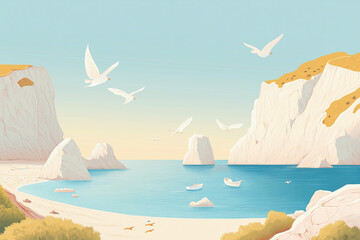 Naklejka premium Aerial view of coastline at sunset. Coastline Illustration with Rugged Rocky Cliffs and Calm Blue Waters. Inspirational Travel Wallpaper. For banner, background 