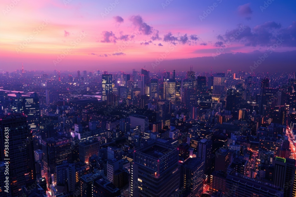 Poster a view of the city skyline at dusk from a high-rise building, great for use in architecture or urban