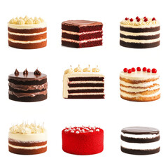 Set of different delicious cakes isolated on transparent background Chocolate cake red velvet vanilla pistachio cake Many flavors of cakes set collection Birthday cakes collage set