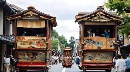 Two elaborately decorated festival floats parading down a traditional street during a cultural celebration, surrounded by spectators enjoying the festivities. 