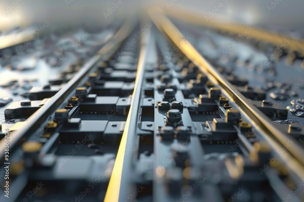 Poster A close up view of a train track with rails and wooden ties, suitable for use in travel or infrastructure illustrations