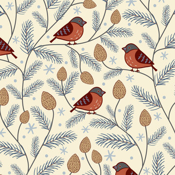Vintage winter pattern of bullfinch birds and cones on wavy pine branches against background with snow texture. Decorative Christmas print.