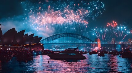 A vibrant display of fireworks lights up the night sky over Sydney Harbour, with the iconic Sydney...