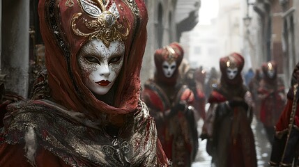 A captivating scene of masked figures in elaborate red and gold costumes, conveying the enchanting atmosphere of a traditional festival. 