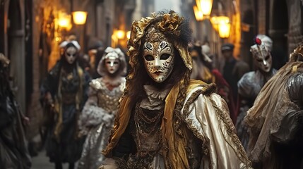 A mysterious and elaborate masquerade scene unfolds in a dimly lit alley, showcasing elegantly dressed figures wearing intricate masks and historical costumes. 