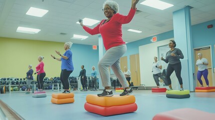 A vibrant group of senior adults participates in a lively fitness class, confidently performing exercises on colorful balance pads.
