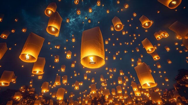 A breathtaking night scene filled with glowing lanterns floating gracefully against a dark sky, creating a magical and serene atmosphere.