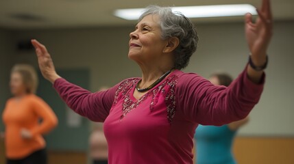 A joyful senior woman leads a dance class, exuding confidence and energy as she engages with her peers in a vibrant studio setting. 