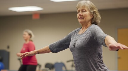 A senior woman practices balance exercises in a fitness class, showcasing health and wellness in a supportive environment. 