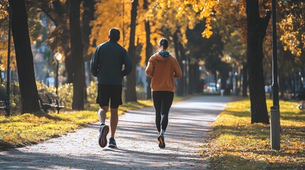Obraz premium A couple jogs side by side along a picturesque path surrounded by vibrant autumn foliage.