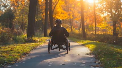A person using a handcycle rides through a colorful autumn park, illuminated by the warm glow of the setting sun, highlighting the beauty of mobility and nature. 
