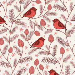 Red retro christmas pattern of bullfinch birds and cones on wavy pine branches against background with snow texture. Decorative New Year print.