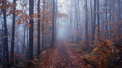 Obraz premium Misty autumn morning in the woods with a winding path and a carpet of fallen leaves