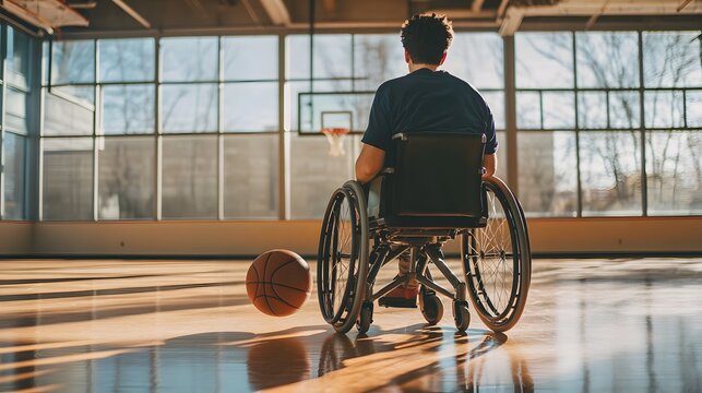 A person in a wheelchair practices basketball in an indoor gym, illuminated by soft natural light, highlighting determination and inclusivity in sports. 