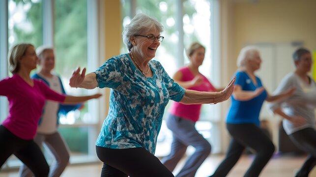 A joyful group of senior women participate in a lively dance or exercise class, promoting health and community engagement. 