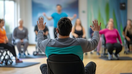 A group of individuals participates in a seated fitness class led by an instructor, promoting health and wellness in a bright, welcoming environment. 