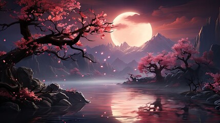 Moonlit oriental landscape with blooming sakura cherry trees and floating petals
