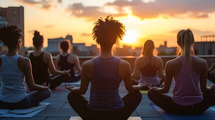 A serene group of diverse women practicing yoga at sunset on a rooftop, creating a calm and peaceful atmosphere for mindfulness and relaxation.