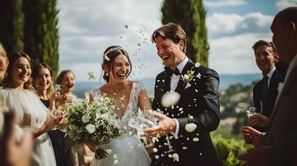 A joyful bride and groom celebrate their wedding surrounded by guests throwing petals in a picturesque outdoor setting. 