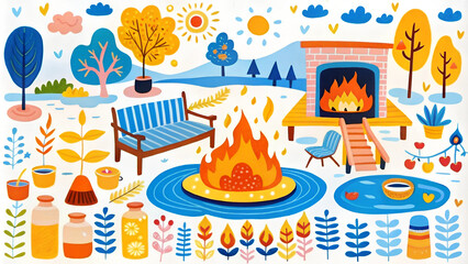 Detailed and lively outdoor scene with fire pit and cottage illustration in rich colors and patterns
