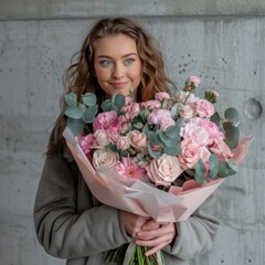 A woman holds a bouquet of pink and white flowers, perfect for wedding or anniversary photo shoots